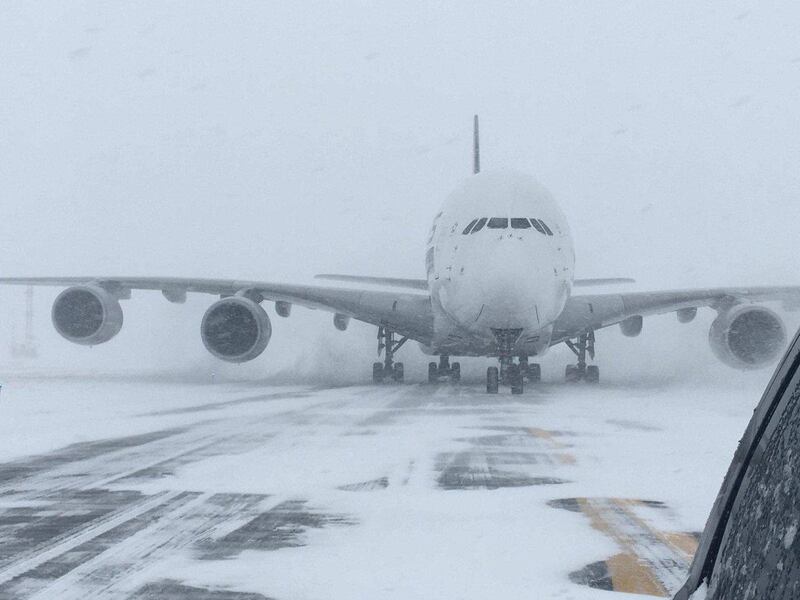 A Singapore Airlines Airbus A380, diverted from John F Kennedy Airport during a winter storm, is shown on the runway after landing at Stewart International Airport in Newburgh. Reuters