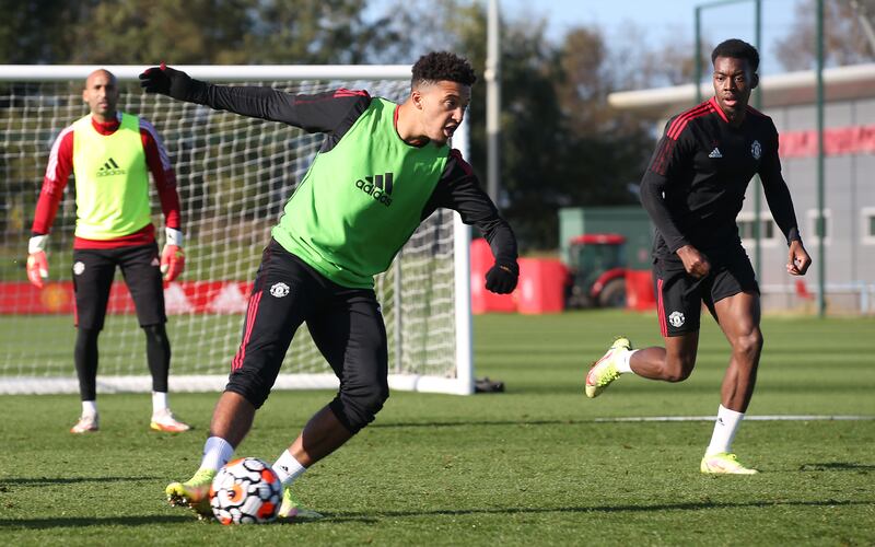 Jadon Sancho of Manchester United in action during a first team training session at Carrington Training Ground.