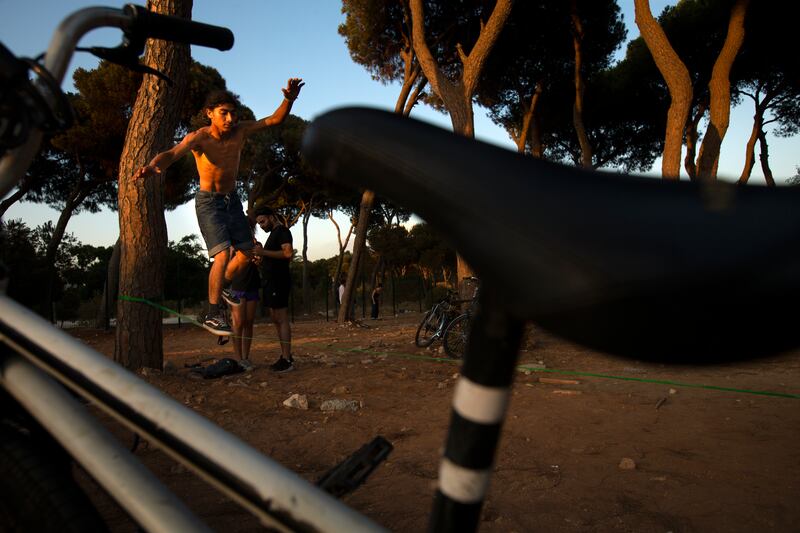 Yasser Mehsen, 17, takes a break from riding and slacklines at Snoubar Skatepark.