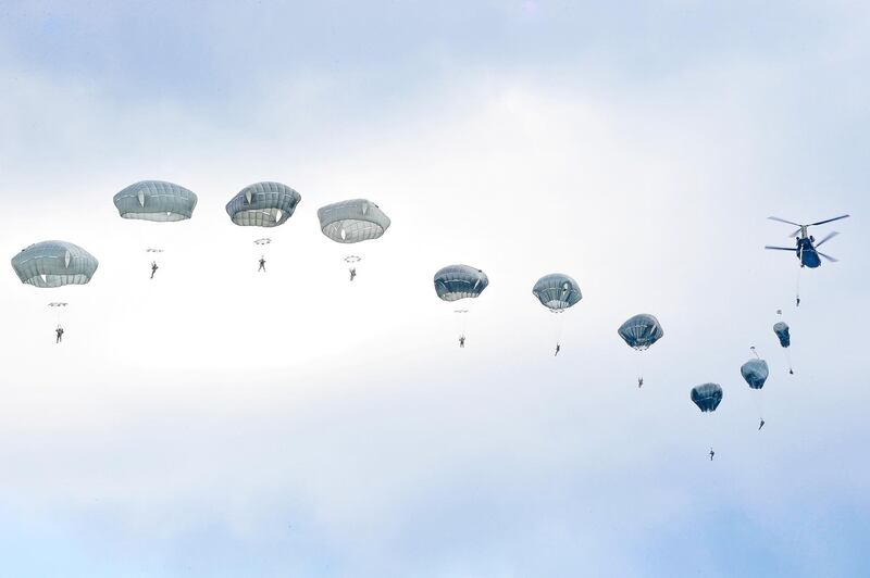 US Army paratroopers participate in an airborne proficiency jump at Bunker Drop Zone in Grafenwoehr Training Area, Bavaria, Germany. Reuters