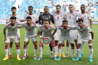 The starting eleven of UAE pose for photographs before the FIFA World Cup 2022 Qualifiers soccer match between the UAE and South Korea in Dubai, United Arab Emirates, 29 March 2022.   EPA / ALI HAIDER