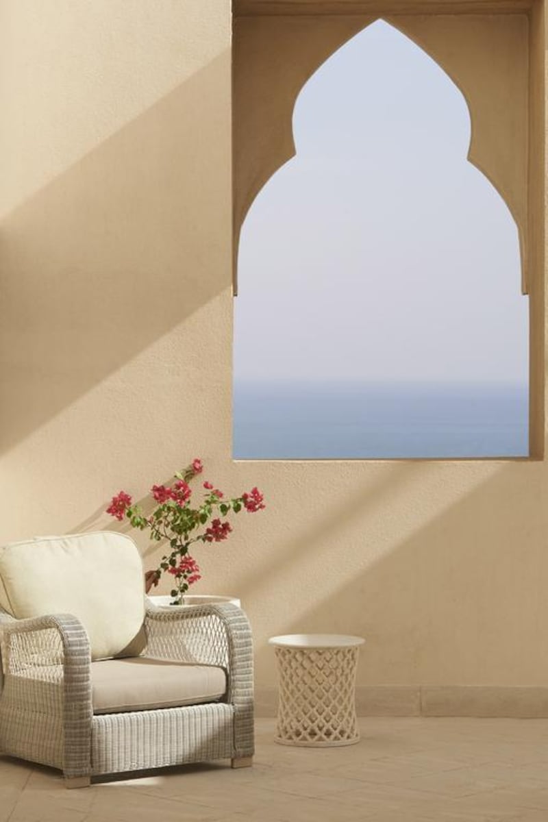 The suite balcony at Waldorf Astoria Ras Al Khaimah offers a view of the sea. Courtesy Waldorf Astoria Hotels & Resorts