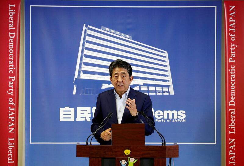 Japan's Prime Minister Shinzo Abe, who is also leader of the Liberal Democratic Party (LDP), attends a news conference a day after an upper house election at LDP headquarters in Tokyo, Japan July 22, 2019.   REUTERS/Issei Kato