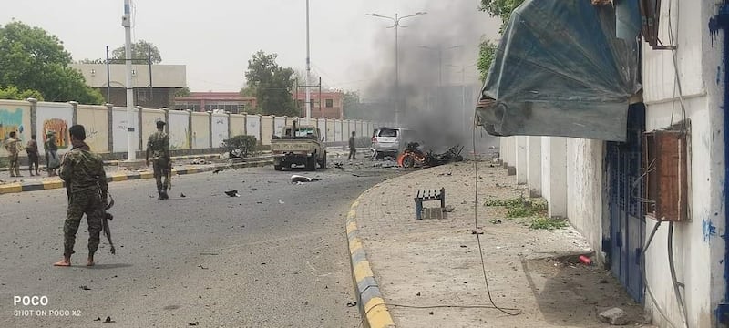 The scene of the attack on a convoy in which the Lahej governorate's director of security was travelling in the Khor Maksar district of Aden, Yemen. Photo: Twitter @khaled_alsenami