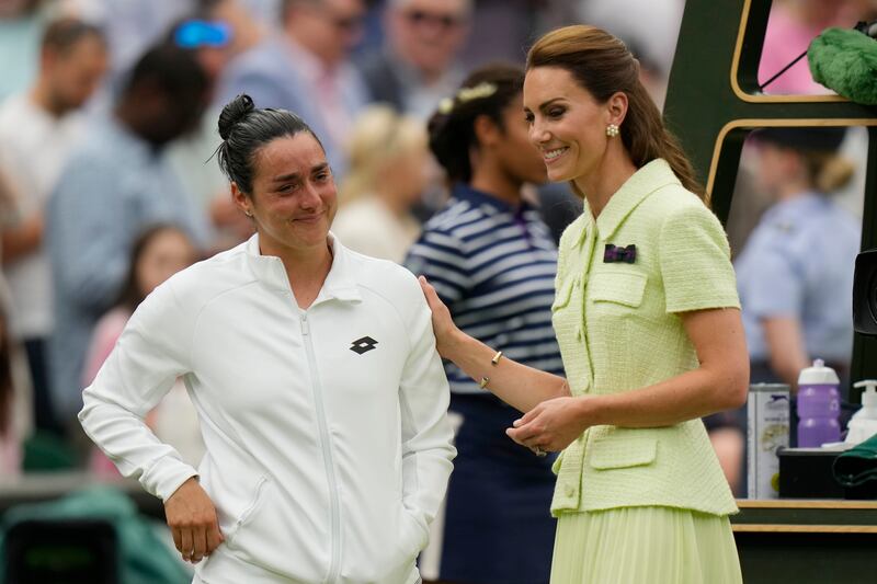 Tunisia's Ons Jabeur speaks with British royal Kate, Princess of Wales, after losing to Czech Republic's Marketa Vondrousova in the Wimbledon women's singles final. AP Photo