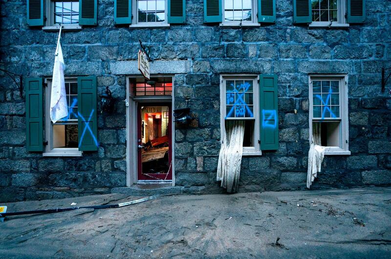 Damage on Main Street after a flash flood rushed through the historic town of Ellicott City, Maryland, USA, 27 May 2018. The National Weather Service stated as much as 9.5 inches of rain fell in the area.  Jim Lo Scalzo / EPA