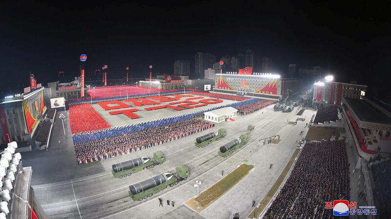 This picture taken on January 14, 2021 and released from North Korea's official Korean Central News Agency (KCNA) on January 15 shows a military parade celebrating the 8th Congress of the Workers' Party of Korea (WPK) in Pyongyang. (Photo by - / KCNA VIA KNS / AFP) / - South Korea OUT / REPUBLIC OF KOREA OUT   ---EDITORS NOTE--- RESTRICTED TO EDITORIAL USE - MANDATORY CREDIT "AFP PHOTO/KCNA VIA KNS" - NO MARKETING NO ADVERTISING CAMPAIGNS - DISTRIBUTED AS A SERVICE TO CLIENTS
THIS PICTURE WAS MADE AVAILABLE BY A THIRD PARTY. AFP CAN NOT INDEPENDENTLY VERIFY THE AUTHENTICITY, LOCATION, DATE AND CONTENT OF THIS IMAGE. / 