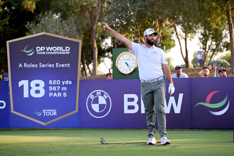 Jon Rahm of Spain after his tee shot on the 18th hole. Getty