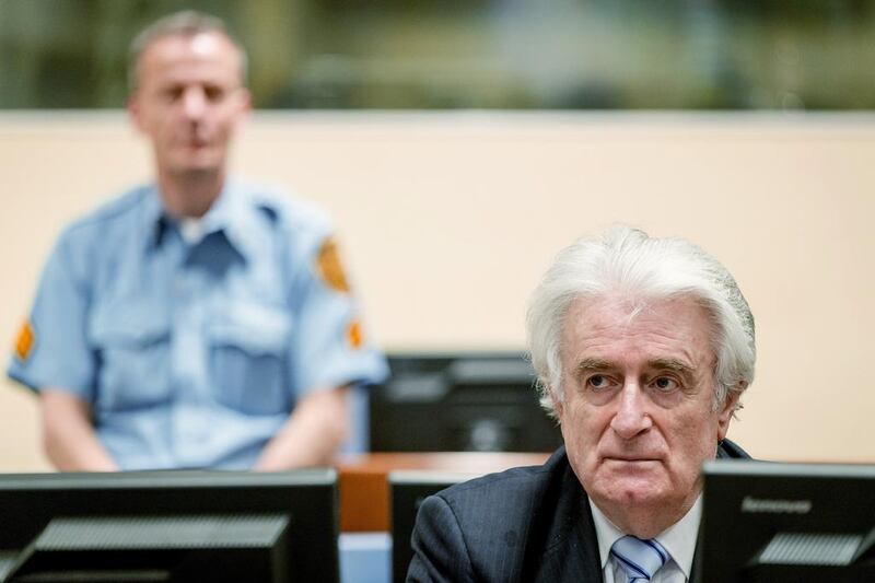 Bosnian Serb wartime leader Radovan Karadzic at the International Criminal Tribunal for Former Yugoslavia in The Hague, on March 24. Robin van Lonkhuijsen / AFP