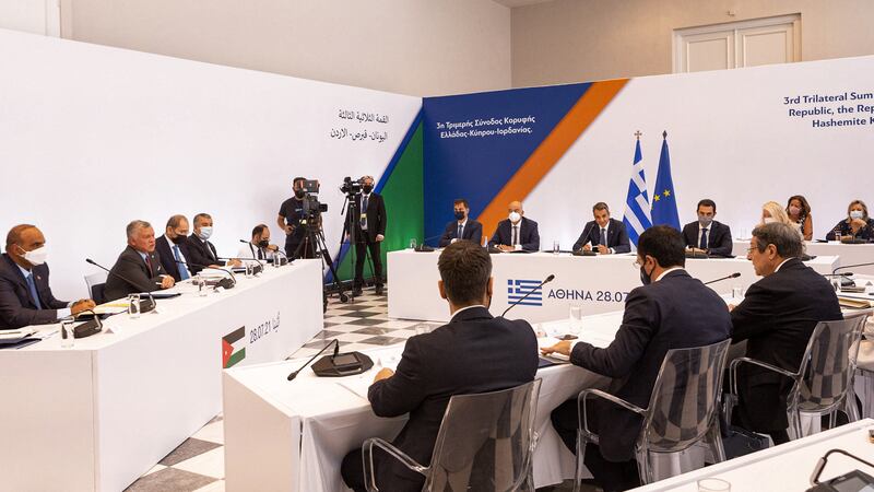 A view of the proceedings of the 3rd Trilateral Summit between Greece, Cyprus, and Jordan, in Athens with Greek Prime Minister Kyriakos Mitsotakis, CypriotPresident Nicos Anastasiades, and Jordan’s King Abdullah II, and their accompanying delegations.