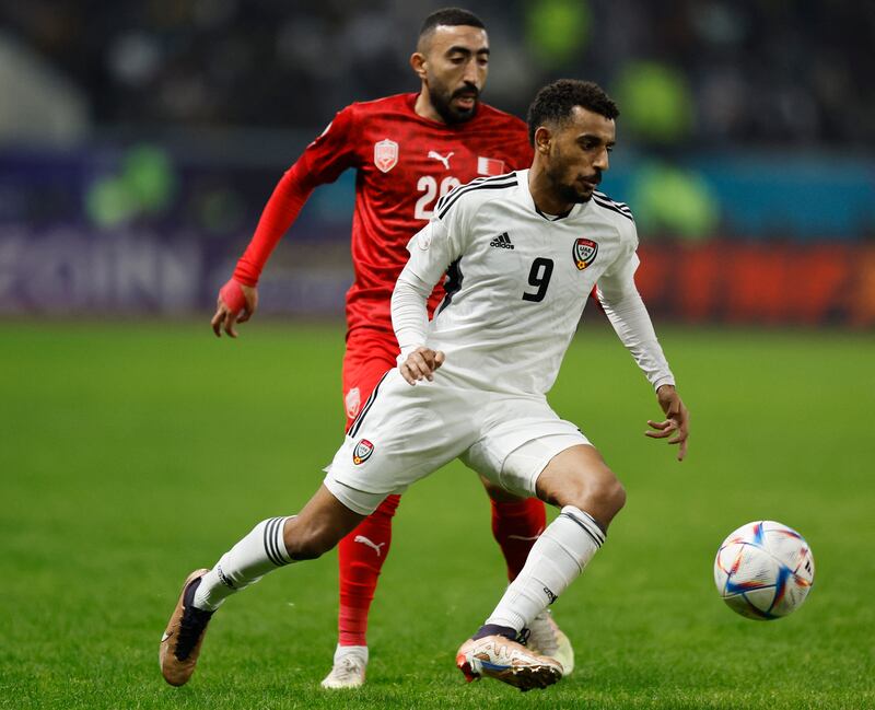 United Arab Emirates' Harib Suhail in action against Bahrain in their Arabian Gulf Cup Group B match in Basra, Iraq, on January 7, 2023. Reuters