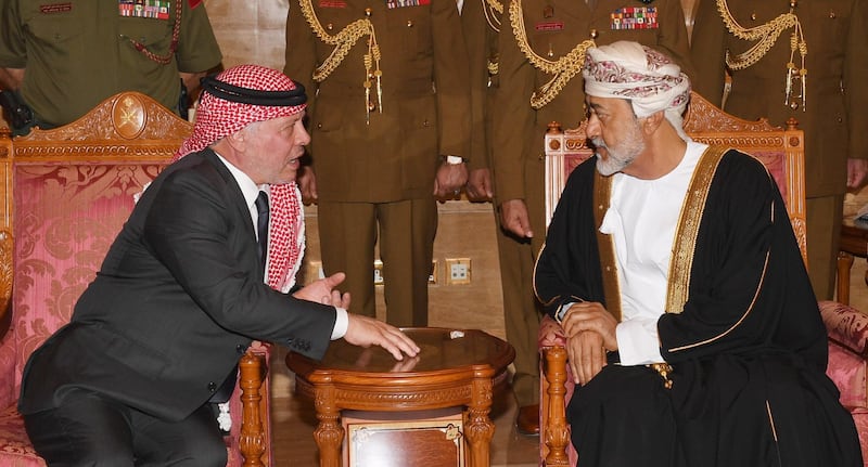 Jordan's King Abdullah bin Al Hussein (L) offers his condolences to Oman's Sultan Haitham bin Tariq Al Said (L) on the death of Sultan Qaboos, in Muscat, Oman.  EPA
