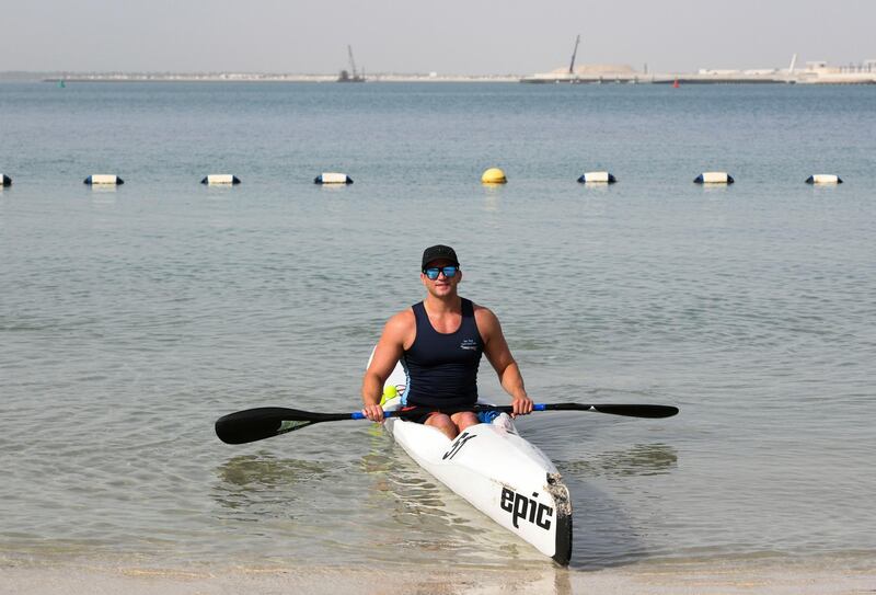 Abu Dhabi, United Arab Emirates - Mike Ballard paralyzed waist down after a rugby incident in 2014 preparing for his trails to kayak for team USA in Paralympic Games next year, January 25, 2018. Khushnum Bhandari for The National
