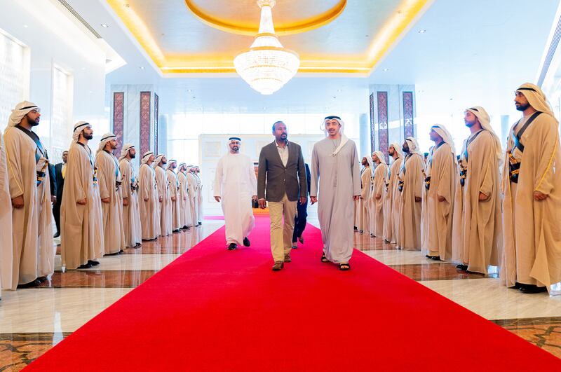 Sheikh Abdullah bin Zayed, Minister of Foreign Affairs and International Cooperation; and Sheikh Theyab bin Mohamed bin Zayed Al Nahyan, Chairman of Abu Dhabi Crown Prince's Court, received Prime Minister of Ethiopia, Abiy Ahmed, and his accompanying delegation at the Presidential Flight airport in Abu Dhabi on February 13, 2020. MOFAIC / Wam