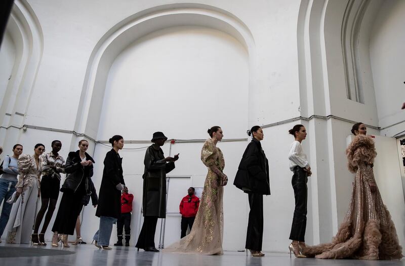 epa08150952 Models wait backstage during a rehearsal  during the Spring/Summer 2020 Haute Couture collection by Lebanese designer Elie Saab during the Paris Fashion Week, in Paris, France, 22 January 2020. The presentation of the Haute Couture collections runs from 20 to 23 January 2020.  EPA/IAN LANGSDON