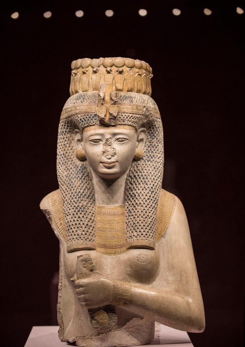 A picture taken on June 18, 2020 shows a statue of Queen Meritamen, one of the daughters of Rameses II, who became his Great Royal Wife after the death of her mother, Nefertari, at the museum in the Red Sea Egyptian resort of Hurghada. - Egypt will reopen its airports on July 1 and begin welcoming to beach resorts tourists kept away by the coronavirus pandemic, the government announced. Flights will resume "between Egypt and countries which have reopened their airspace", said Aviation Minister Mohamed Manar during a news conference in Cairo. (Photo by Khaled DESOUKI / AFP)