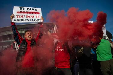 Arsenal fans protest against the European Super League and owner Stan Kroenke prior to the Premier League match against Everton at Emirates Stadium. Getty