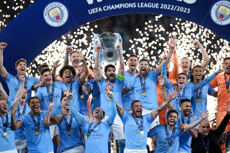 Manchester City players celebrate after beating Inter Milan in the 2023 Champions League final at Atatuerk Olympic Stadium  in Istanbul on June 10, 2023. Getty
