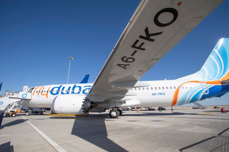 A flydubai plane at the Dubai Airshow. Leslie Pableo for The National