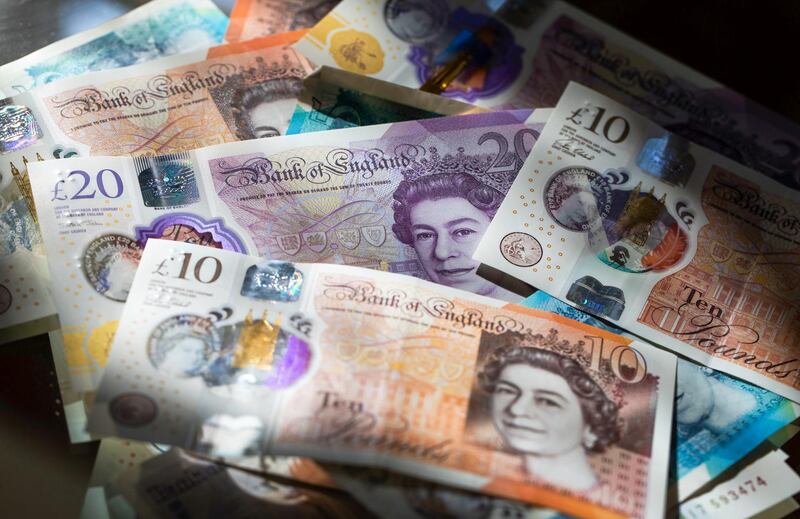 British twenty, ten, and five pound notes sit in this arranged photograph in Danbury, U.K., on Monday, March 23, 2020. The pound rose, boosted by broad dollar weakness, after the U.K. government banned all unnecessary movement of people for at least three weeks in order to reduce the spread of coronavirus. Photographer: Chris Ratcliffe/Bloomberg