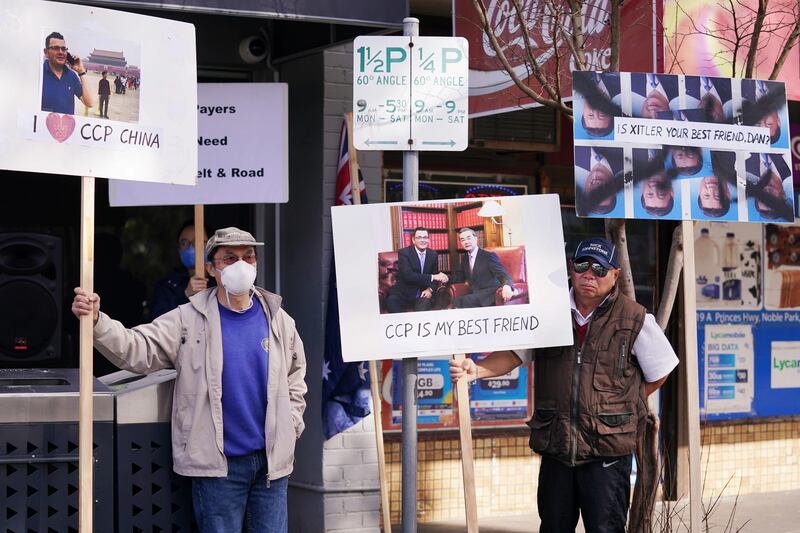 Pro democracy Hong Kong protesters gather outside the electorate office of Victorian Premier Daniel Andrews in Melbourne, Australia, last month. EPA