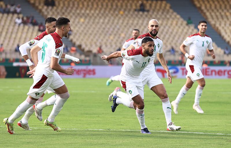 Morocco's forward Sofiane Boufal celebrates after scoring from the spot. AFP