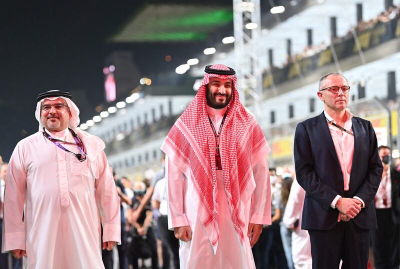 Saudi Crown Prince Mohammed bin Salman and  Formula One Group chief executive Stefano Domenicali on the starting grid before the Saudi Arabian Grand Prix at the Jeddah Corniche Circuit. AFP