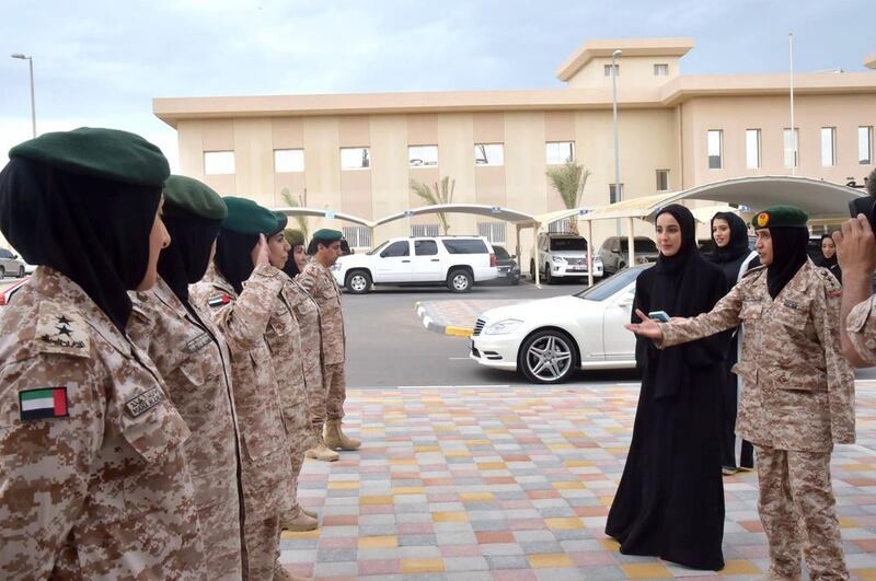 Minister of State for Youth Shamma Al Mazrui visits the Khawla Bint Al Azwar Military School. Courtesy Emirates Youth Council