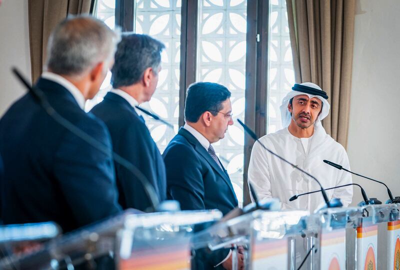 Minister of Foreign Affairs and International Cooperation Abdullah bin Zayed Al Nahyan (R) taking part in the Negev summit in the Israeli kibbutz of Sde Boker, alongside (L to R) Israeli Foreign Minister Yair Lapid, US Secretary of State Antony Blinken, and Morocco's Foreign Minister Nasser Bourita.  WAM