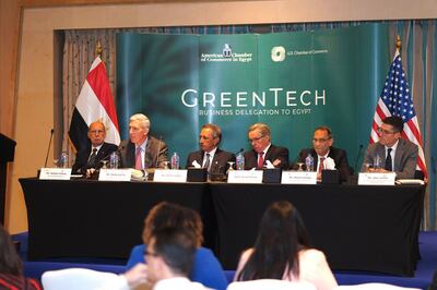 Representatives from the American Chamber of Commerce in Egypt, the US Chamber of Commerce, the Egypt-US Business Council and the US government take part in the GreenTech delegation event. Photo: AmCham