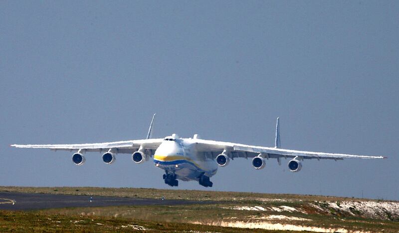 FRANCE: The Ukrainian Antonov An-225 Mriya aeroplane lands at Paris-Vatry airport from China to deliver 8,6 million face masks and 150 tonnes of sanitary equipment ordered by a private customer, in Bussy Lettree, on April 19, 2020. AFP