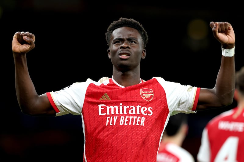 Bukayo Saka will be hoping to add to his tally of 18 goals this season when Arsenal take on Chelsea on Tuesday night. EPA