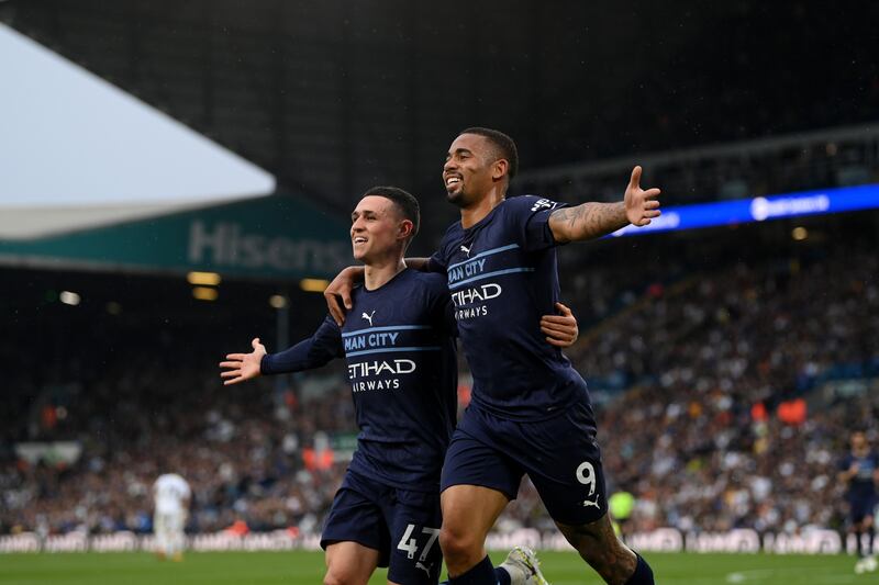 Gabriel Jesus with Phil Foden after scoring City's third goal. Getty