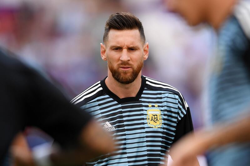 KAZAN, RUSSIA - JUNE 30:  Lionel Messi of Argentina looks on during the warm up prior to the 2018 FIFA World Cup Russia Round of 16 match between France and Argentina at Kazan Arena on June 30, 2018 in Kazan, Russia.  (Photo by Laurence Griffiths/Getty Images)