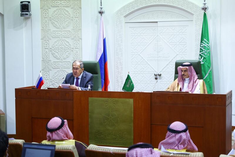 Russian Foreign Minister Sergei Lavrov and Prince Faisal bin Farhan Al-Saud hold a joint press conference. AFP