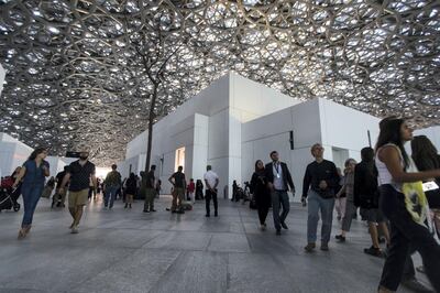 Abu Dhabi, United Arab Emirates, November 11, 2017:    Visitors attend the opening day at the Louvre Abu Dhabi on Saadiyat Island in Abu Dhabi on November 11, 2017. Christopher Pike / The National

Reporter: James Langton, John Dennehy
Section: News