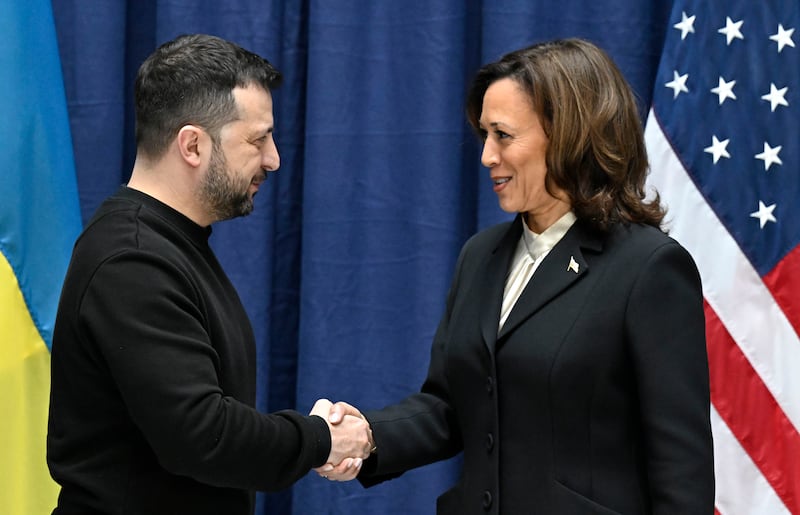 Ukrainian President Volodymyr Zelenskyy and US Vice President Kamala Harris conclude a joint press conference at the Munich Security Conference. AP