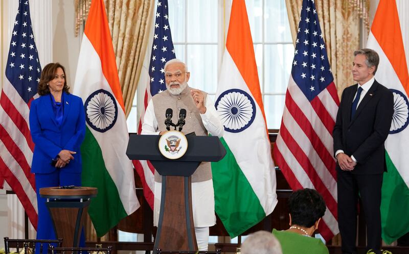 Indian Prime Minister Narendra Modi speaks at a lunch held in his honor hosted by US Vice President Kamala Harris and Secretary of State Antony Blinken at the State Department. Reuters