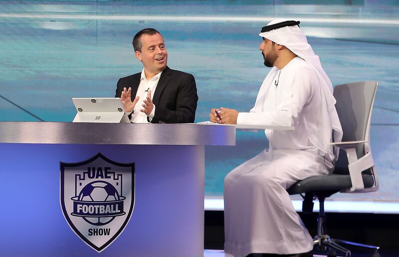Pedro Correia and Abdullah Al Saadi, chat on The UAE Football Show. Pawan Singh / The National 