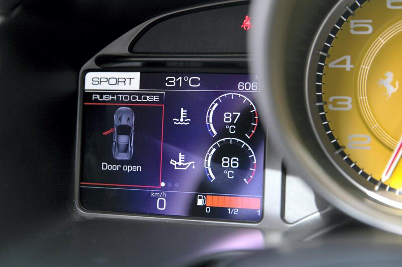 DUBAI, UNITED ARAB EMIRATES - JANUARY 24, 2019.

A full fuel tank on a ferrari which has been refueled by
CAFU, a fuel delivery service.

On their app, you need to enter the car location, and the amount and kind of petrol you want to fill up.

CAFU will then dispatch a fuel tanker to your location with a driver who will fill up your car.

Users need to pay a single-use delivery fee of Dhs18 or pay Dhs 45 which allows for unlimited monthly deliveries.

(Photo by Reem Mohammed/The National)

Reporter: ADAM WORKMAN
Section:  WK