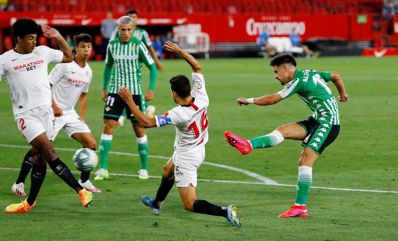 Real Betis' Alex Moreno shoots at goal. Reuters