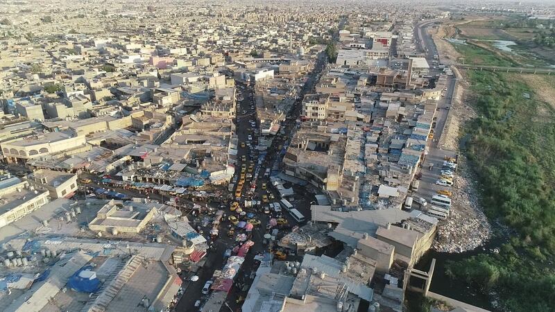 KIRKUK, IRAQ - JULY 13: A drone photo shows an aerial view of streets and settlements in Kirkuk, Iraq on July 13, 2020. Iraq struggle with novel coronavirus (COVID-19) death rates due to insufficient medical supplies and health services. Hence Iraq's government imposed restrictions and curfew to curb the COVID-19 pandemic cases. (Photo by Muhammet Kasim/Anadolu Agency via Getty Images)