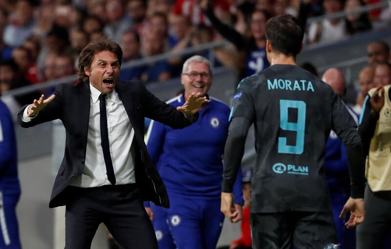 Chelsea’s Alvaro Morata celebrates scoring their first goal with manager Antonio Conte. Paul Hanna / Reuters