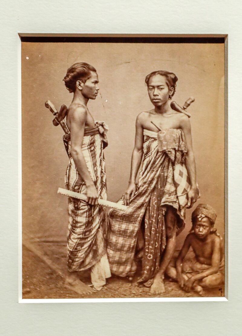 Abu Dhabi, April 23, 2019.    Photographs 1842-1896:  An early album of the world at Louvre Abu Dhabi.  -- Herman Salzwedel (ca. 1855-after 1904)
Portrait of a young girl and boy
Indonesia, 1877-90
Print on aristotype paper
Paris, musée du quai Branly-Jacques Chirac
Victor Besa/The National 
Section:  Arts & Life
Reporter:  Melissa Gronlund