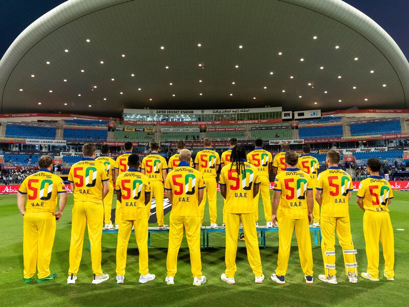 Team Abu Dhabi players wear their special commemorative shirts inside the Zayed Cricket Stadium. Courtesy Abu Dhabi Cricket