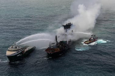 Firefighting vessels douse the blaze on 'MV X-Press Pearl', off Colombo, Sri Lanka. After burning for 12 days, the fire was extinguished on Tuesday. Reuters 