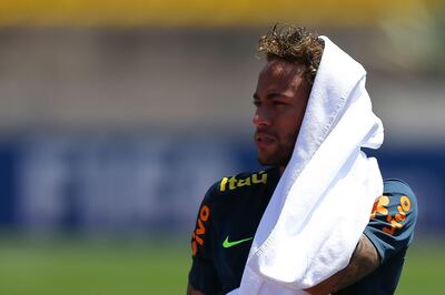 SOCHI, RUSSIA - JUNE 12:  Neymar Jr of Brazil looks on during a Brazil training session ahead of the FIFA World Cup 2018 in Russia at Yug-Sport Stadium on June 12, 2018 in Sochi, Russia.  (Photo by Buda Mendes/Getty Images)