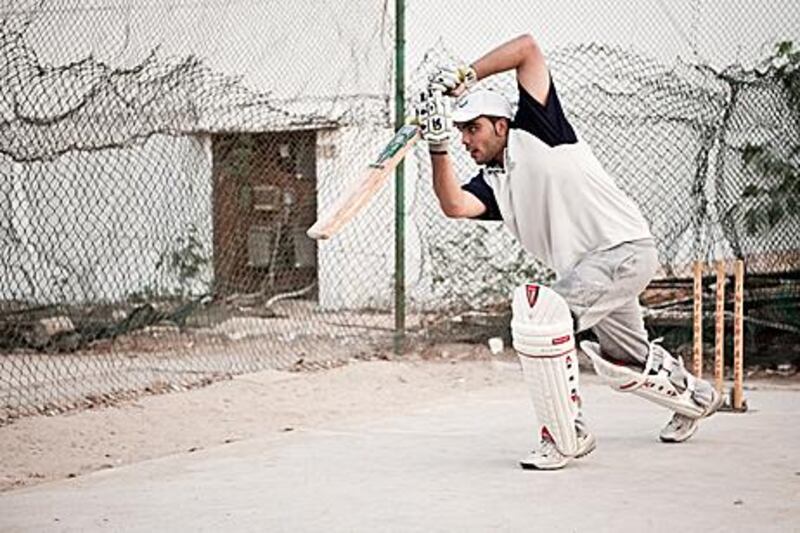 Rameez Shahzad, a UAE national player who is making his mark in English league cricket, bats during net practice at the Pakistan Association Club in Dubai.