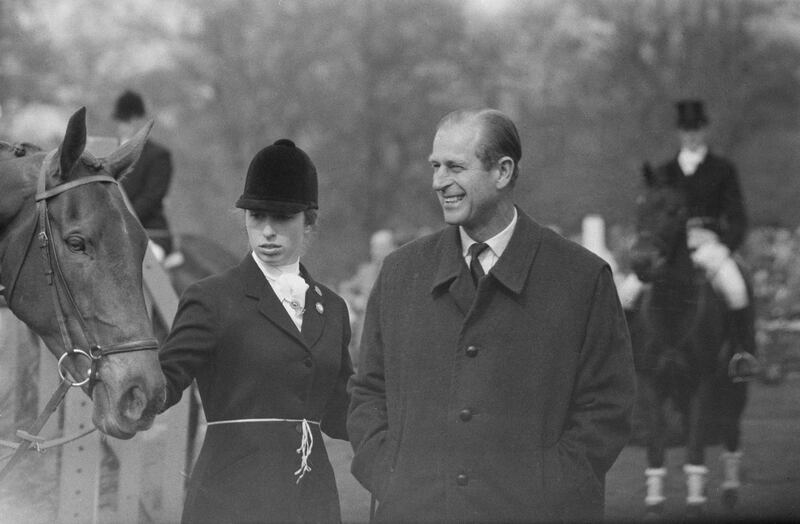 Princess Anne competes in the Badminton Horse Trials in 1971. Here she is with her father, Prince Philip. 