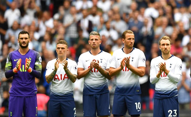 Soccer Football - Premier League - Tottenham Hotspur v Fulham - Wembley Stadium, London, Britain - August 18, 2018   Tottenham's Hugo Lloris, Kieran Trippier, Toby Alderweireld, Harry Kane and Christian Eriksen during a minute's applause for Alan Gilzean before the match   REUTERS/Dylan Martinez    EDITORIAL USE ONLY. No use with unauthorized audio, video, data, fixture lists, club/league logos or "live" services. Online in-match use limited to 75 images, no video emulation. No use in betting, games or single club/league/player publications.  Please contact your account representative for further details.